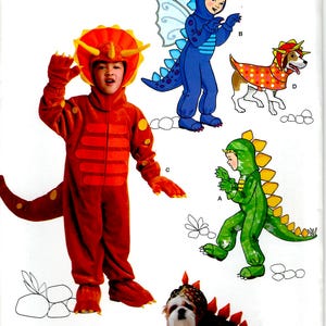 May include: A sewing pattern for a dinosaur costume for a child and a dog. The pattern includes a red triceratops costume, a green dinosaur costume, a blue dragon costume, and a brown dinosaur costume for a dog. The pattern is for sizes 3-8.