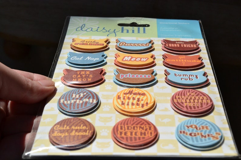 May include: A sheet of 16 colorful cat-themed stickers with various sayings, including "Frisky feline", "Purrrri", "Furry Friend", "Cat Nap", "Meow", "Got attitude?", "The cat's meow", "Princess", "Tummy rub", "I'm purrrrriect", "Lil' furball", "Here kitty kitty", "Cats rule, dogs drool!", "I don't fetch!", and "Your highness".