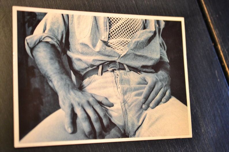 90s Joseph Caprio Postcard Gay Interest Photography B/&W Photo Blue Tint Hands Crotch Shot Man in Jeans Chambray Mesh Shirt Bulge Art Print