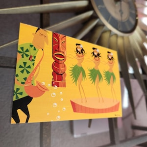 Josh Agle carte postale Three Wahines (2001) impression d'art mural minuscule art penché 4 x 5,75" SHAG illustration couleur moderne du milieu du siècle atomique Tiki MCM