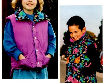 May include: Two children model a reversible quilted vest. The vest is purple on one side and has a black and colorful dinosaur print on the other side. The vest has a snap closure and two pockets. The text on the image reads "Quilted Reversible Vest 2-12 years Only 2 Pieces".