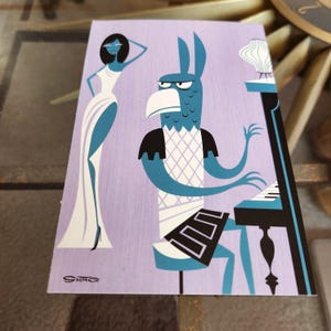 Josh Agle Postcard Griffin and Muse (2004) Wall Art Print Tiny Leaning Art 4 x 5.75&quot; SHAG Midcentury Modern Color Illustration Atomic Tiki