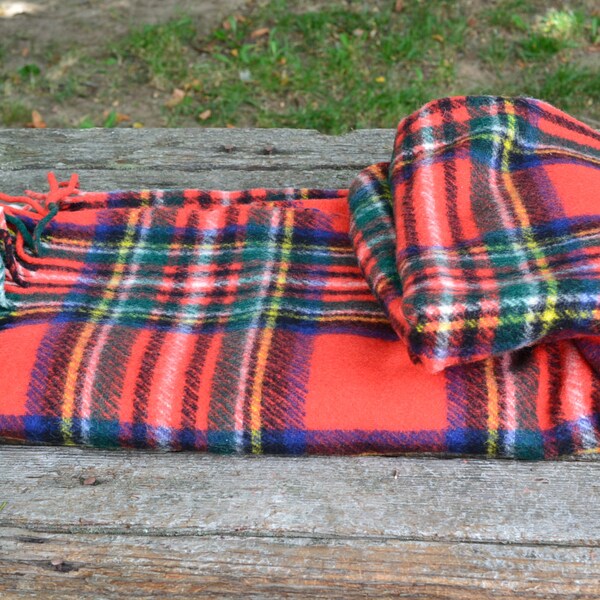 Connemara Wool Blanket Ireland Tartan Plaid Royal Stewart Fringed Wool Throw Stadium Picnic Red Yellow Blue Green Irish Wool 60" x 64" Nice