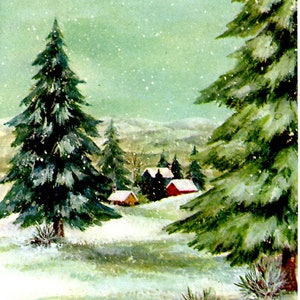 Vtg Hallmark Christmas Card Season's Greetings French Fold Paper Pine Trees Outdoor Scene Snowing Homestead Red Barn Hills NO Envelope New