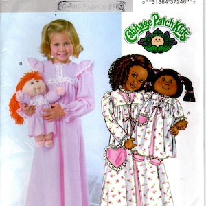 May include: A sewing pattern for making Cabbage Patch Kids pajamas. The pattern is for sizes 6, 7, and 8. The pattern includes instructions for making a pink nightgown with lace trim and a white nightgown with floral print.