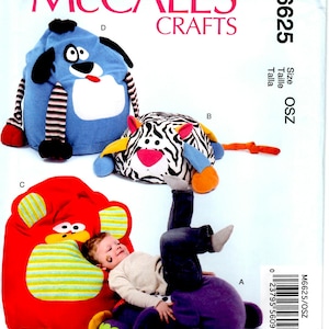 May include: A sewing pattern for three plush animal bean bag chairs. The pattern includes a blue dog, a zebra, and a red and green bird. The pattern is for size OSZ and is from McCall's Crafts.