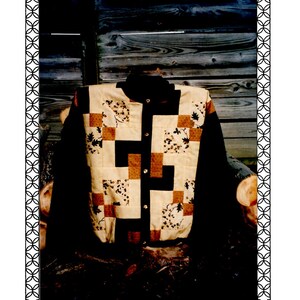 May include: A black button-up cardigan with a patchwork design in shades of brown, beige, and cream. The cardigan is displayed against a wooden background. The text "Bunny's Stuff" and "Gabby" are visible at the top of the image. The text "Sizes Small to 4X" is visible at the bottom of the image.