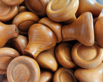 NOS Set of 2 Vtg Cabinet Knobs 1.25" Danish Modern Turned Wood Drawer Pull Finished Maple Medium Brown Wood Round Wooden Farmhouse 50 Avail