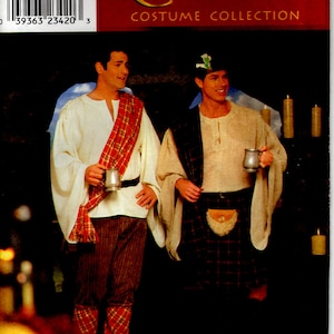 May include: Simplicity Celtic Costume Collection pattern featuring two men in traditional Celtic attire. One wears a white tunic, plaid sash, and trousers. The other wears a kilt, tunic, and shawl. Both hold metal tankards.