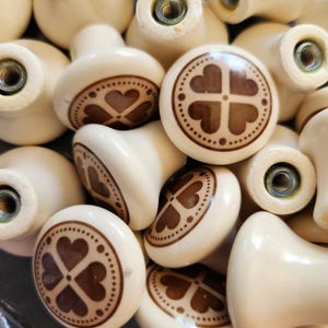 NOS 1 x Vtg Almond Heart Knob 1" Porcelain Small Cabinet Knob Almond Tan Beige w/ Brown Hearts Ceramic Round Drawer Pull Farmhouse 43 Avail