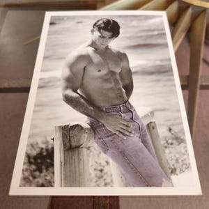 90s Beefcake Postcard Gay Interest Photo Steven Underhill 10% Productions Buff Muscular Man Beach Shirtless Jeans BW Colorized Art Print