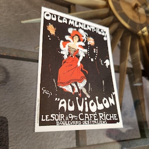 Affiche de carte postale VTG pour Au violon au Café Riche (1897) Illustration couleur Publicité française Art nouveau Gay des années 90 Impression d'art mural
