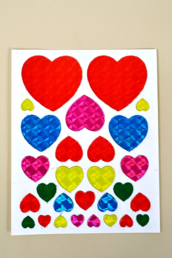 Vintage 1980's Satin Glitter Heart Stickers, Used, Not Reuseable