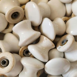 Vtg 2 Small 1&quot; Porcelain Button Cabinet Knobs Antique Ceramic Round White Apothecary Drawer Pull Farmhouse Small Plain Knob 32 Pair Avail