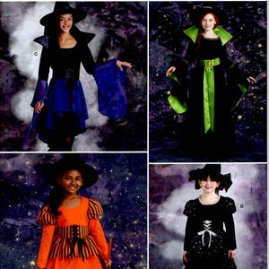 Peut inclure: Patron Simplicity pour réaliser quatre costumes de sorcière différents. Le patron comprend un costume de sorcière noir avec une ceinture verte, un costume de sorcière noir avec une ceinture violette, un costume de sorcière noir avec une jupe noire scintillante et un costume de sorcière orange avec des rayures noires et orange.