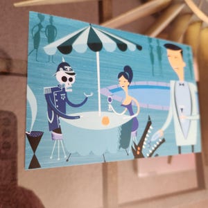 Rebuts de table de carte postale Josh Agle (1999) impression d'art mural Art mural penché 4 x 5,75 po SHAG Illustration couleur moderne Mid-Century Violet atomique