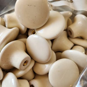 Vtg 2 x Porcelain Knobs 1.5" Large Off White Undecorated Ceramic Cabinet Drawer Pulls Mushroom Cap Farmhouse Shabby Cottage Many Avail