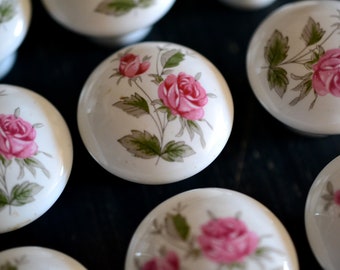 Vtg 1 x Porcelain Cabinet Knob Large 1 3/8&quot; White Pink Roses Sage Green Stem Mushroom Cap Round Floral Feminine Shabby Drawer Pull Ceramic