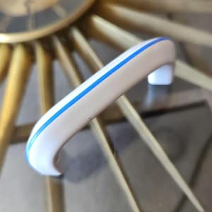 NOS 1 x Vtg Porcelain Drawer Pull 3&quot; Center White & Cobalt Blue Line Primary Color Cabinet Handle Farmhouse Shabby Hardware Ceramic Handle