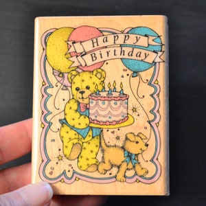1989 Hero Arts Stamp 3 3/8&quot; L730 Happy Birthday Surprise Teddy Bear with Cake Limited Edition Mounted Rubber Wooden Scrapbooking Paper Craft