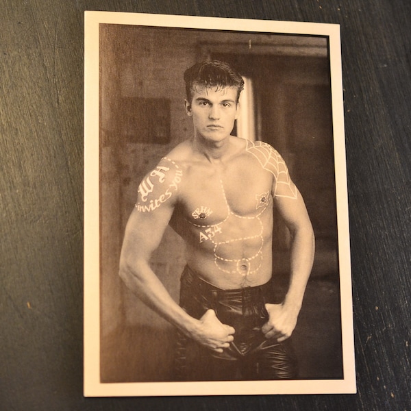 90s Fabienne Louis Postcard Male Torso Photo Gay Interest Black and White Chest Abs Shirtless Man Black Leather Pants Multi Media Art Print