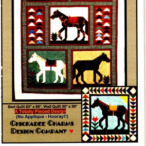 Pieced Horses Quilts Uncut Pattern 62x86&quot; Bed Size 30x30&quot; Wall Hanging No Applique Chickadee Charms Design Co The Steadfast Steed Patchwork