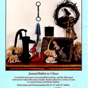 May include: A craft pattern for a country rabbit, featuring a jointed rabbit in three sizes. The pattern includes instructions and full-size patterns for 6", 8", and 10" rabbits. The pattern is by Donna Gallagher, Creative Needlearts.