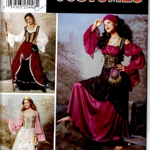 May include: A sewing pattern for three different costumes. The first costume is a red and black pirate costume with a ruffled white blouse. The second costume is a pink and gold princess costume with a long flowing skirt. The third costume is a red and black pirate costume with a long flowing skirt. The pattern is from Simplicity and is for sizes 14, 16, 18, and 20.