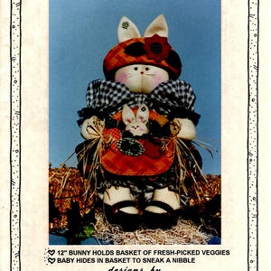 12" Bunny Doll + Baby Uncut Pattern Folk Art Doll Carrot Top Bunny Vegetable Basket Garden Bunny Rabbit Doll Krafdee & Co Fiber Cloth Doll