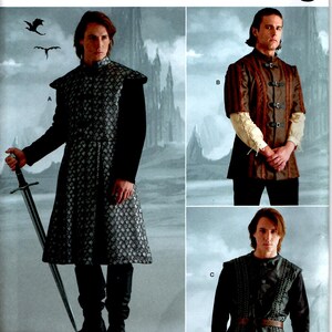 May include: Simplicity Costumes sewing pattern R11856 for a medieval costume. The pattern includes three different styles: a long coat, a shorter jacket, and a vest. The pattern is designed for sizes US 46-52, Euro 56-62, and French 56-62.