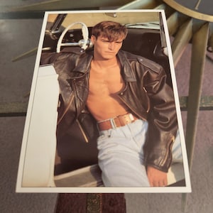 90s Florence Fabre Postcard Gay Interest Beefcake Photo Classic Car Open Black Leather Motorcycle Jacket Sandy Blonde Man Color Art Print