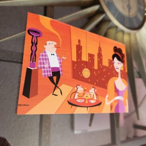 May include: A mid-century modern style illustration of a man in a plaid suit, a woman in a purple dress, and two monkeys sitting at a table with drinks. The background features a cityscape with a large orange sun.