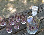 Pink Gold Cordial Set 6 Glasses Decanter Stopper Cerve Barware Vintage Italian Glassware Pink Floral Goldtone Trim Unused Cond Complete Mint