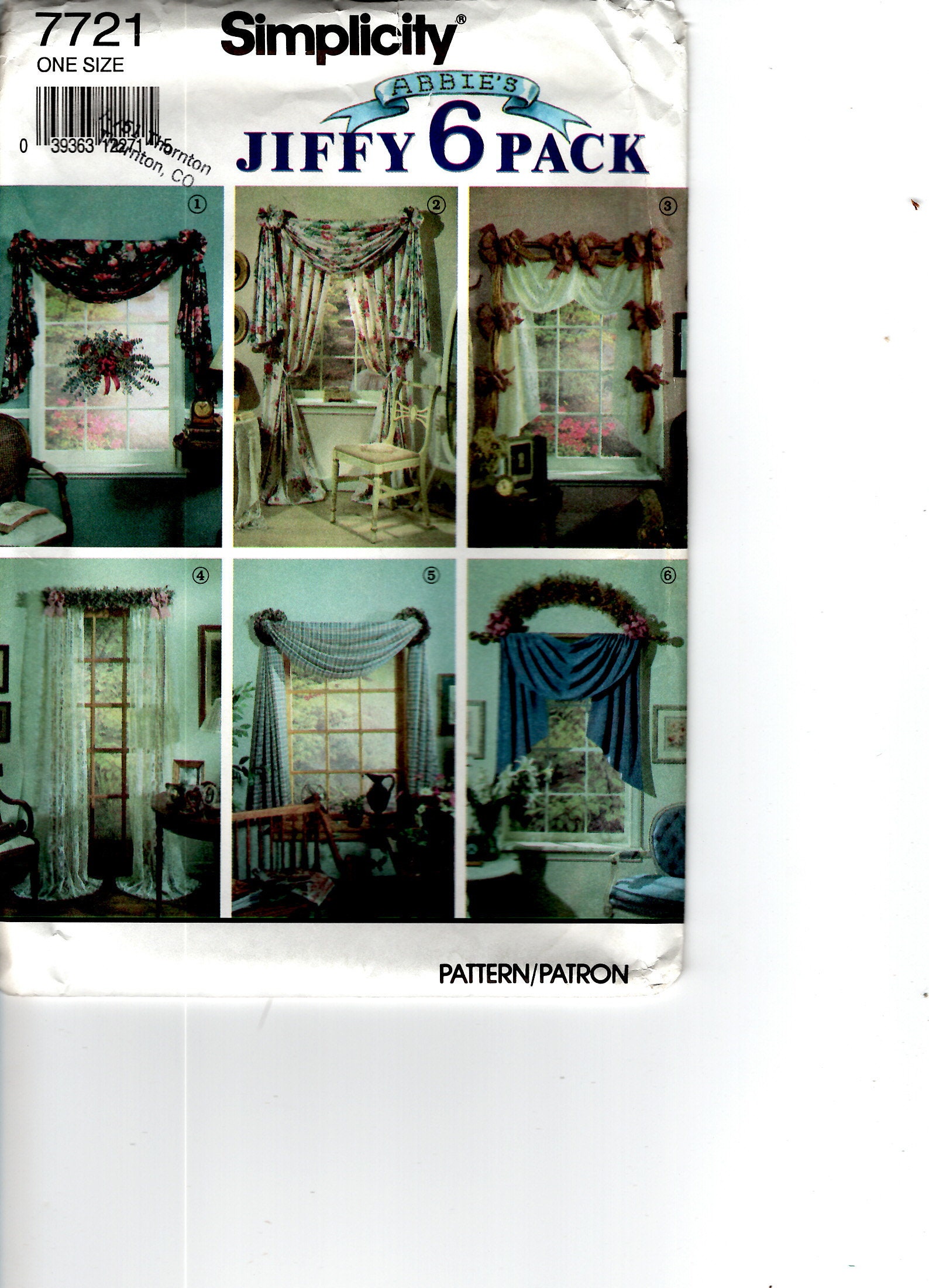 Simplicity 7721 Uncut PATTERN Abbie's Jiffy 6 Pack Window Treatments Draperies Curtains Valance Swag Jabot Tailored Panels Home Decor Sewing