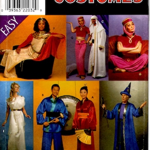 May include: Simplicity Costumes sewing pattern number 311 for easy to make costumes. The pattern includes five different costumes: a genie, a wizard, a geisha, a pharaoh, and a monk. The pattern is for sizes A, S, M, and L.