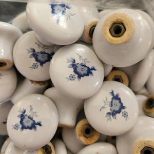 Vtg 1 x Porcelain Cabinet Knob 1.25" Cobalt Flower Trim White Blue Mushroom Round Farmhouse Shabby Cottage Ceramic Drawer Pull 80 Avail