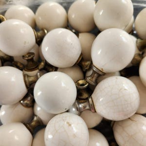 1 x Antique Pedestal Cabinet Knob 1.25" Porcelain Ball Drawer Pull Off White Ceramic Small Round Brass Base Farmhouse Shabby 85 Avail