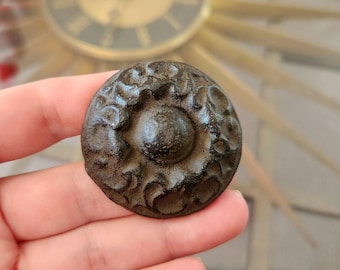 Large Cast Iron Cabinet Knob 1.75" Ornate Disc / Round / Button Drawer Pull Unpainted Metal Brown Finish Rustic Shabby Cottage Many Avail