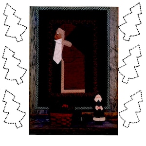 May include: A vintage-style illustration of a Santa Claus figure with a red and brown outfit, holding a sack of gifts. The illustration is framed in a dark wood frame with a checkered pattern. The text "Olde World Santa" is at the top of the image. The text "Patchwork and Pinafores" is at the bottom of the image, along with the address "400 So. Broadway. Rochester, MN 55904. (507) 288-2040".