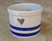 90s Salt Glazed Open Crock Roseville Pottery Yellowware Perforated Hearts Small Planter Candle Holder Stoneware Ceramic Cobalt Blue Bands
