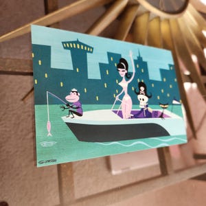 Josh Agle carte postale Hudson River Cruise (2001) impression d'art mural petit penché Art 4 x 5,75" SHAG Illustration couleur moderne Mid-Century Tiki atomique