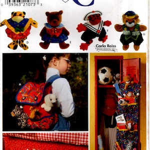 May include: A sewing pattern for making stuffed animal toys. The pattern includes instructions for making a backpack, a locker organizer, and several individual animal toys. The pattern is from Simplicity Crafts and is designed by Carla Reiss.