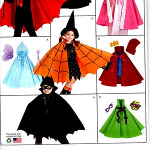 May include: A sewing pattern for children's costumes. The pattern includes designs for a devil, a witch, a fairy, a superhero, a princess, and a vampire. The pattern is from Simplicity and is size S-L.
