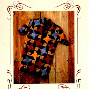 May include: A quilt pattern for a coat called "Dancing Stars Coat" designed by Mary Asper. The pattern includes sizes petite, regular, and oversized. The quilt is made of colorful fabric with a star pattern.