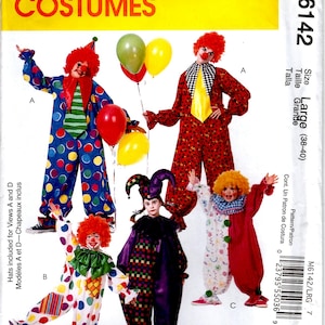 May include: A sewing pattern for making four clown costumes. The pattern includes instructions for making a traditional clown costume, a jester costume, and two other clown costumes. The pattern is for size large (38-40).