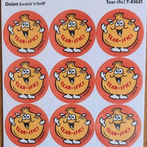 1 x Full Pack / 2 Sheets / Trend Matte Retro Stickers / Onion Scented Tearific Scratch n Sniff Stinky Sticker Scratch and Sniff Savory Repro