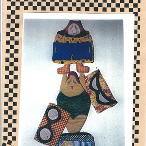 May include: A set of four colorful fabric bags with whimsical designs. The bags feature a blue bird, a pair of sunglasses, a swimmer, and a person with a fish. The bags are titled "Bags #2 Quilters Helper - Eye Glass Case Miss Waters - Blue Bird of Happiness".