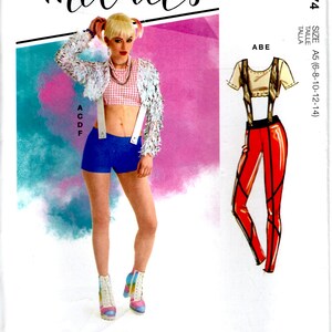 May include: A sewing pattern for a costume featuring a white jacket with a pink and blue checked crop top, blue shorts, and red trousers with suspenders. The pattern is for sizes 6-8, 10-12, and 14. The pattern number is R10674.