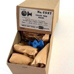 NOS Vtg Lot of 2 Pedestal Cabinet Knobs 1" Metal Enamel Drawer Pull Cornflower Blue White Ring Band Small Round Knob Farmhouse 30 Avail