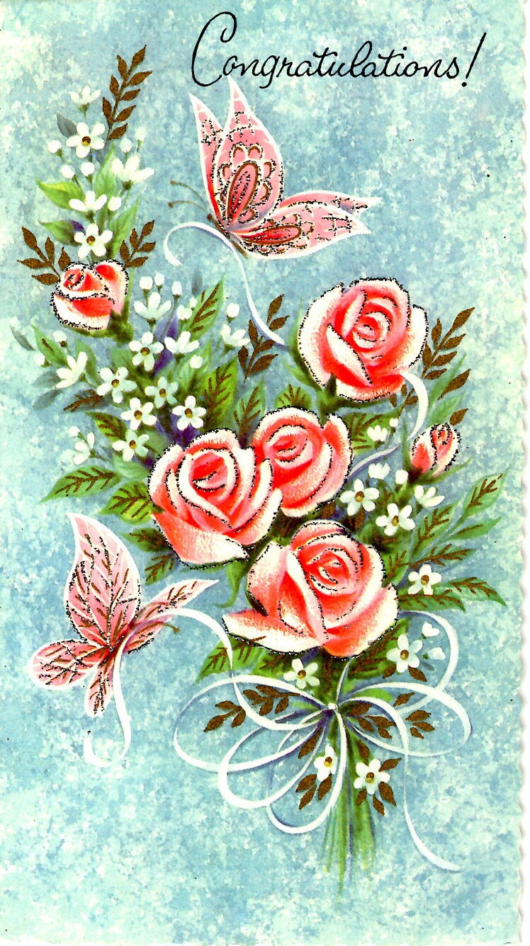 Vtg Glitter Congratulations Card Butterflies Pink Roses Flowers Raised Gold Ink Die Cut NO Envelope Amalgamated Lithographers Lithograph New